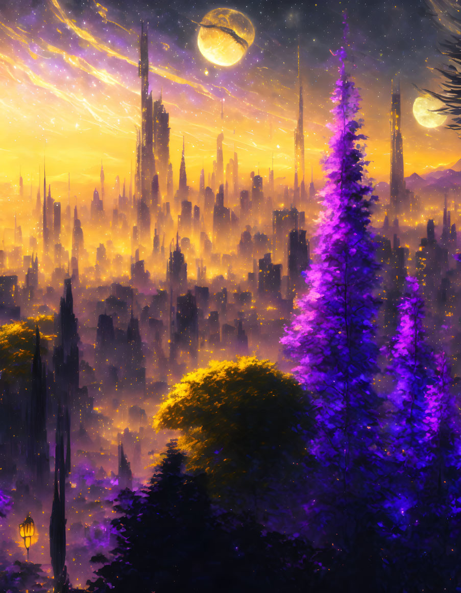 Vibrant cityscape with purple hues, towering spires, lush trees, and dual moons