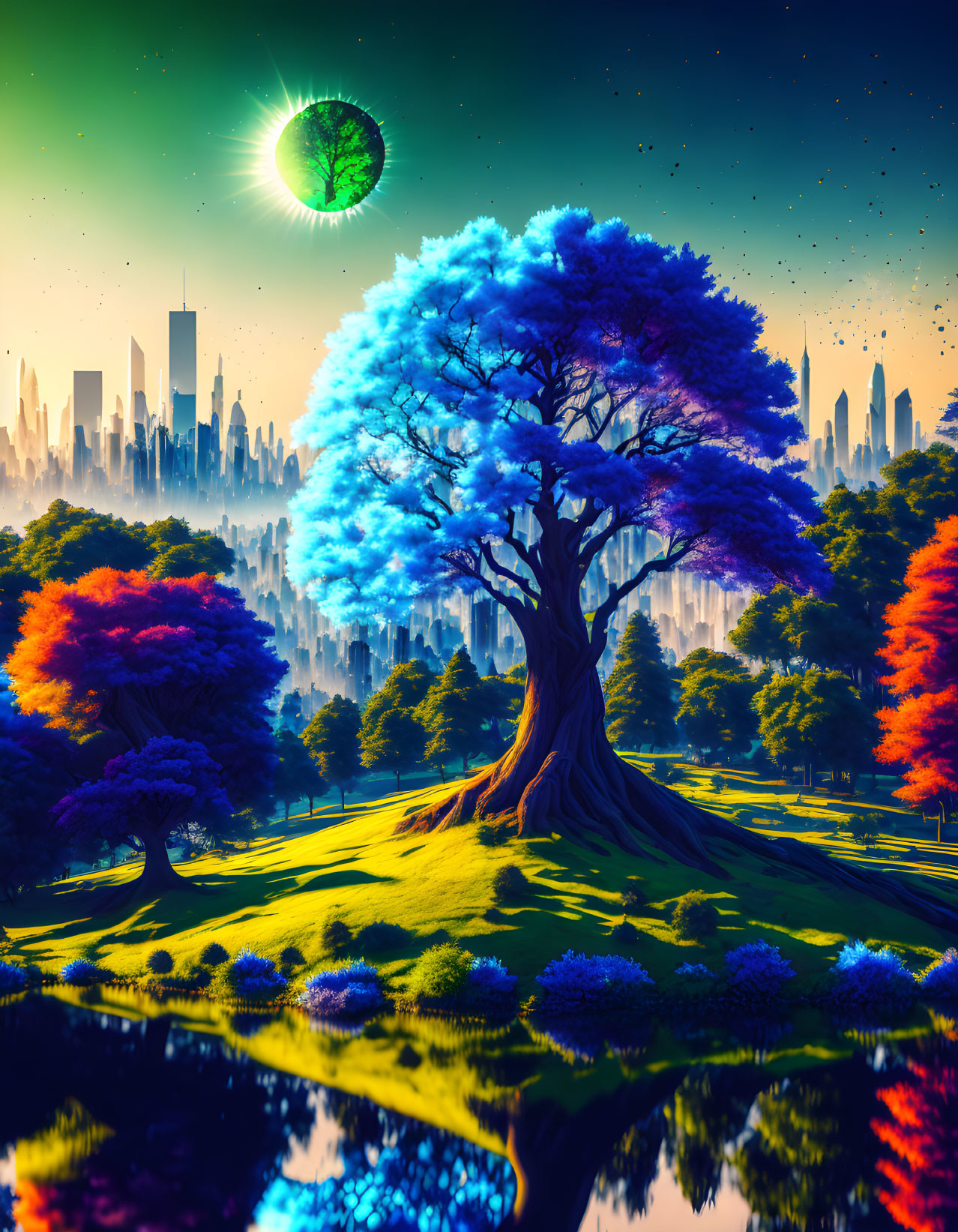 Colorful landscape with blue tree, futuristic city, and green object.