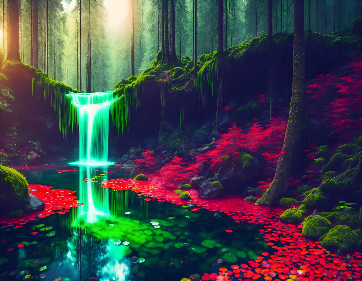 Luminous forest scene with glowing waterfall and red foliage