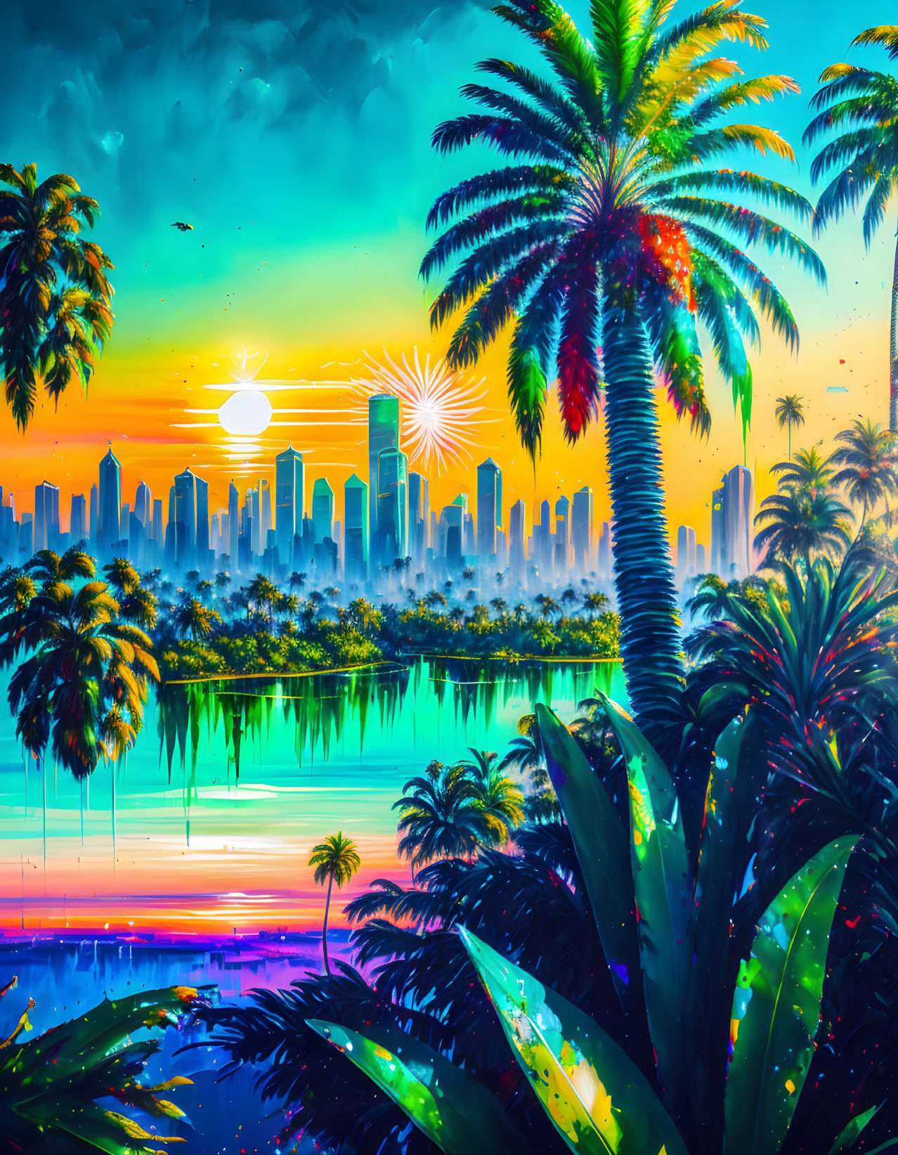 Futuristic cityscape at sunset with luminous buildings and palm trees