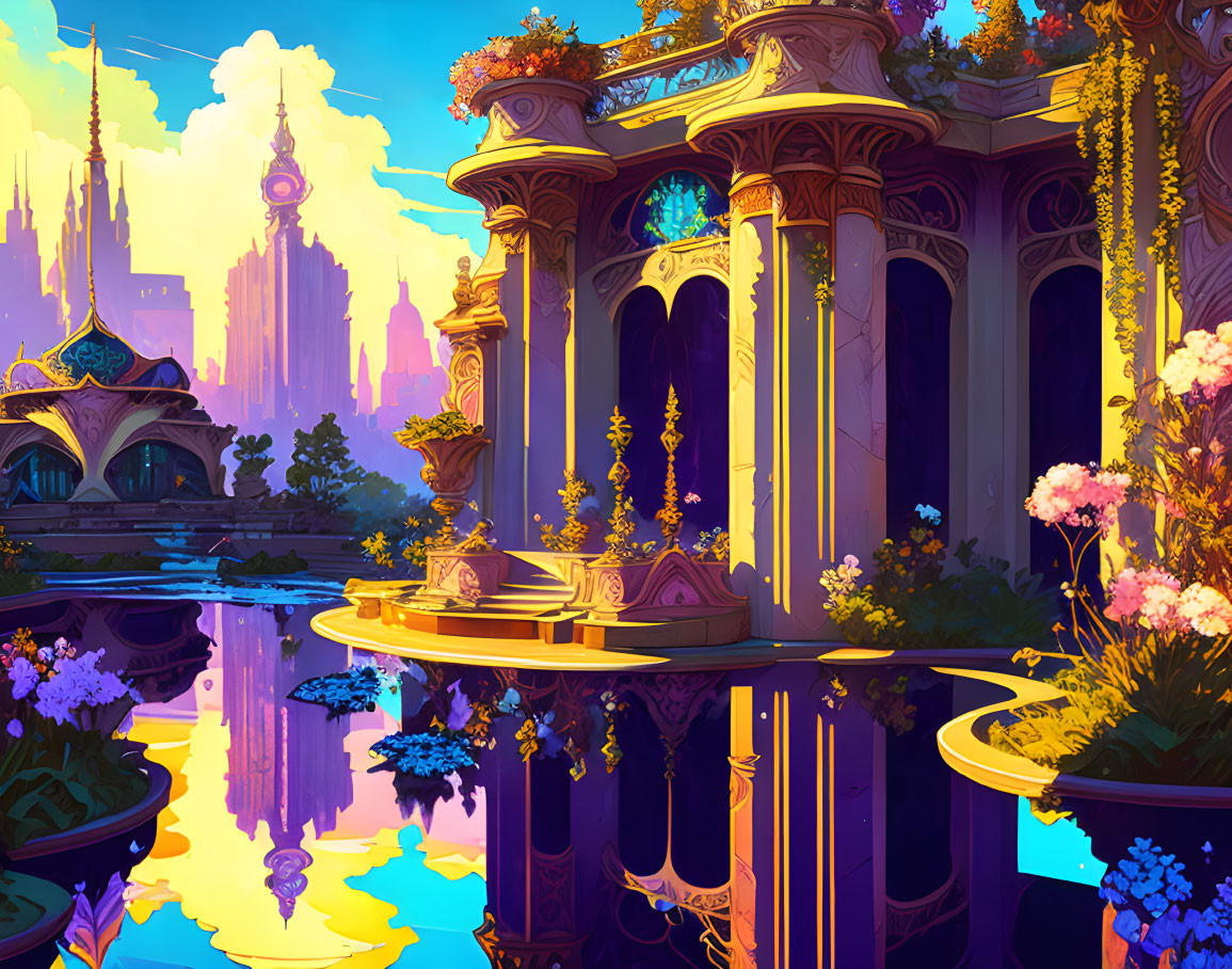 Fantastical landscape with golden structures, lush flora, and towering spires at sunset