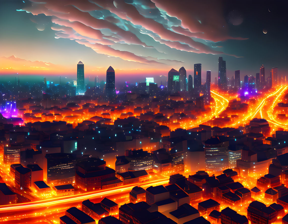 Futuristic cityscape at twilight with luminous buildings and vivid orange streets