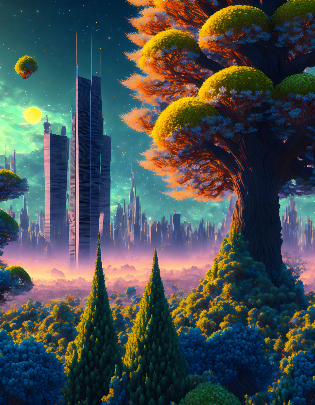 Futuristic sci-fi landscape with skyscrapers, alien trees, and multiple moons in dusk sky