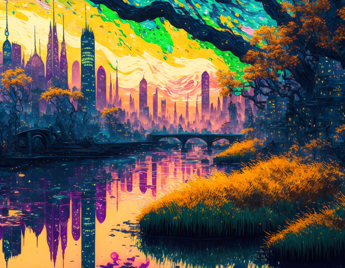 Colorful futuristic cityscape with reflective water and nature elements.