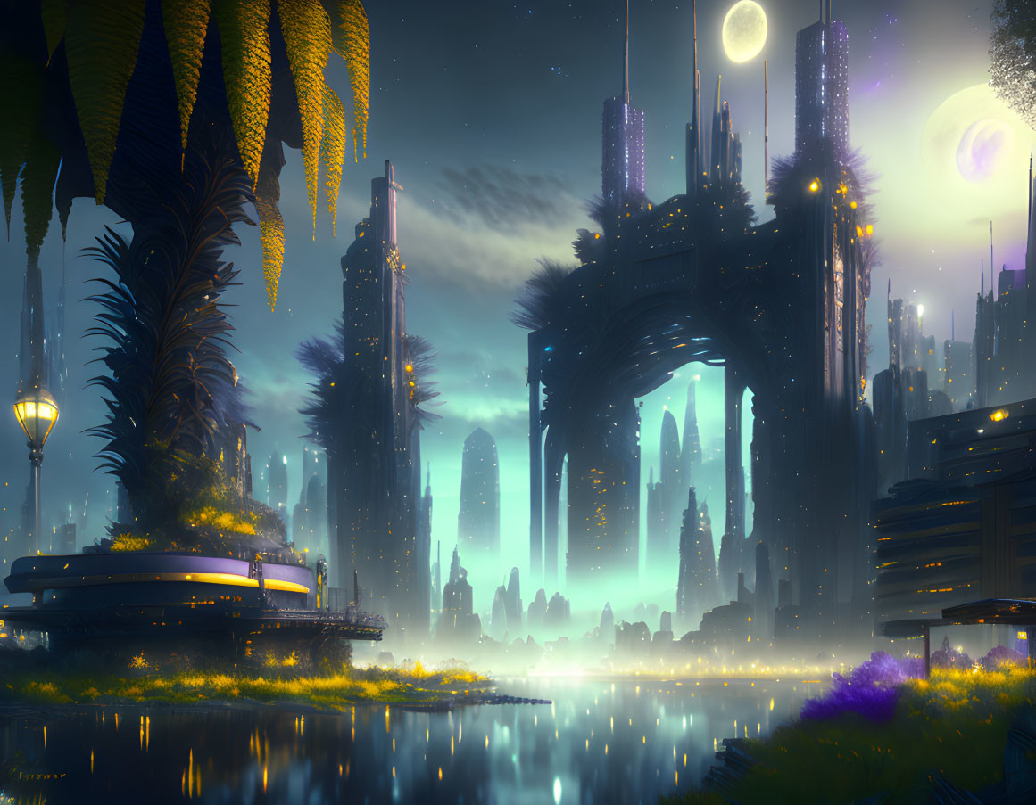 Futuristic cityscape at dusk: skyscrapers, water, lights, vegetation