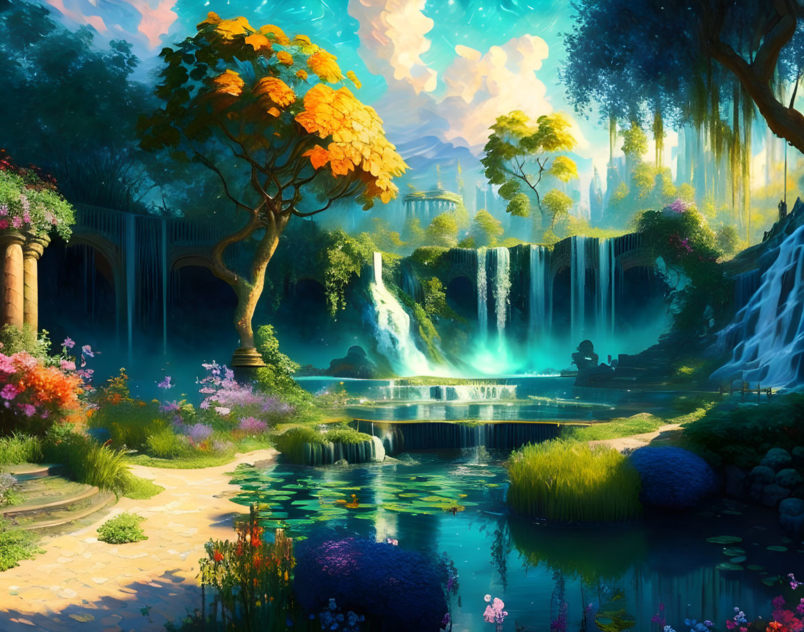 Vibrant fantasy garden with waterfalls, colorful flora, and ancient trees