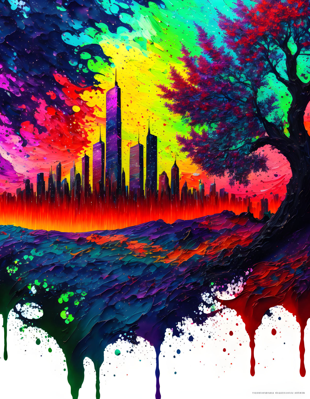 Colorful Cityscape with Rainbow Hues and Tree Branches