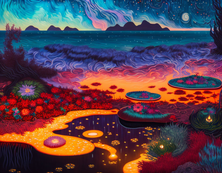 Colorful fantastical landscape with fiery river and floating islands