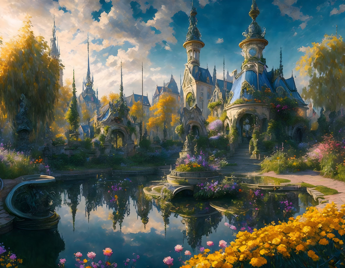 Ornate fantasy landscape with lush gardens and reflective pond