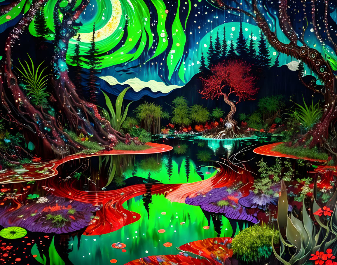 Enchanting fantasy forest with luminous plants and serene pond