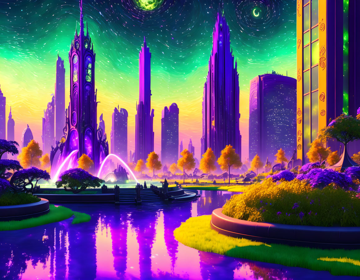 Futuristic cityscape with neon-lit skyscrapers and twilight sky