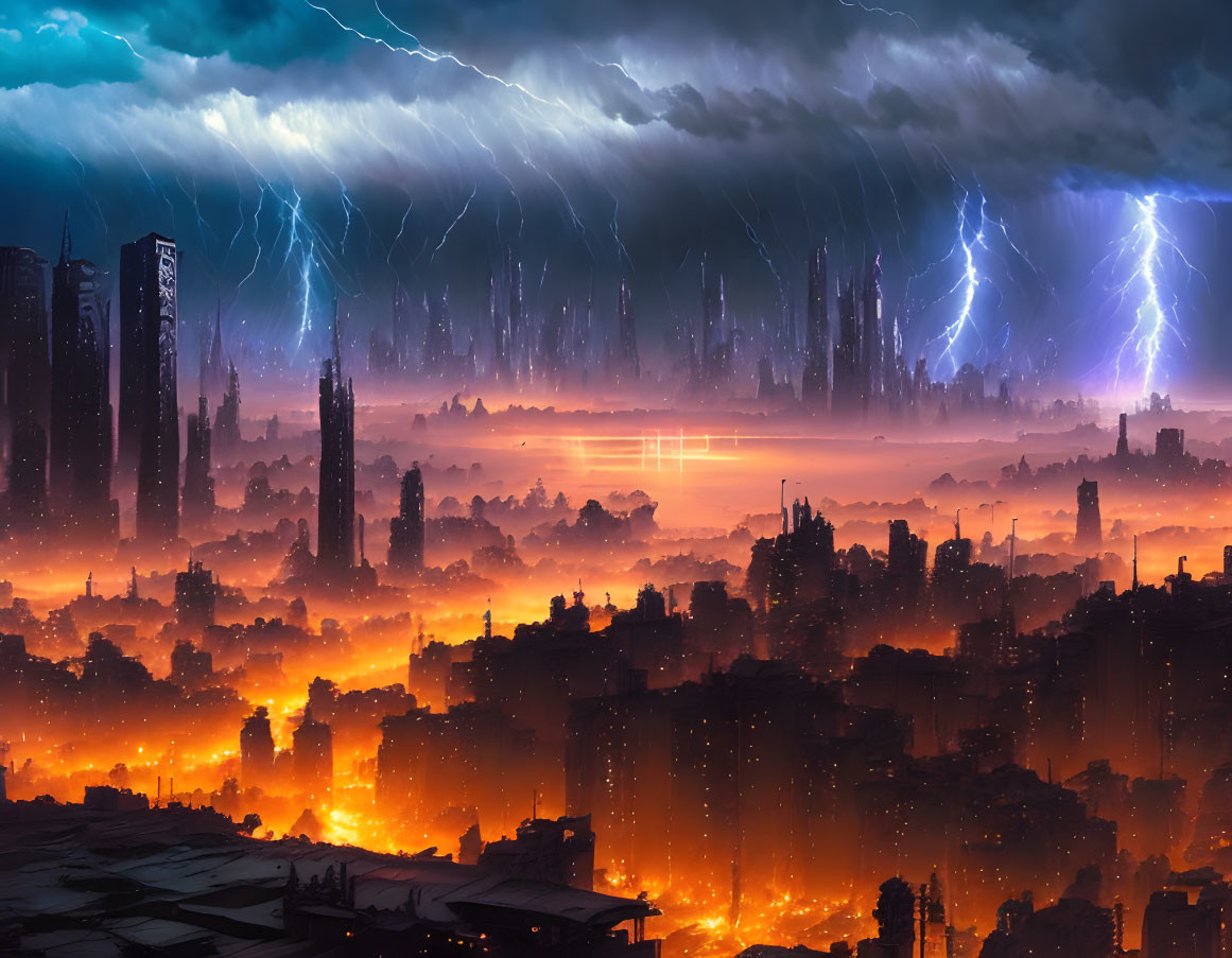 Dystopian cityscape at night with lightning strikes and orange lights