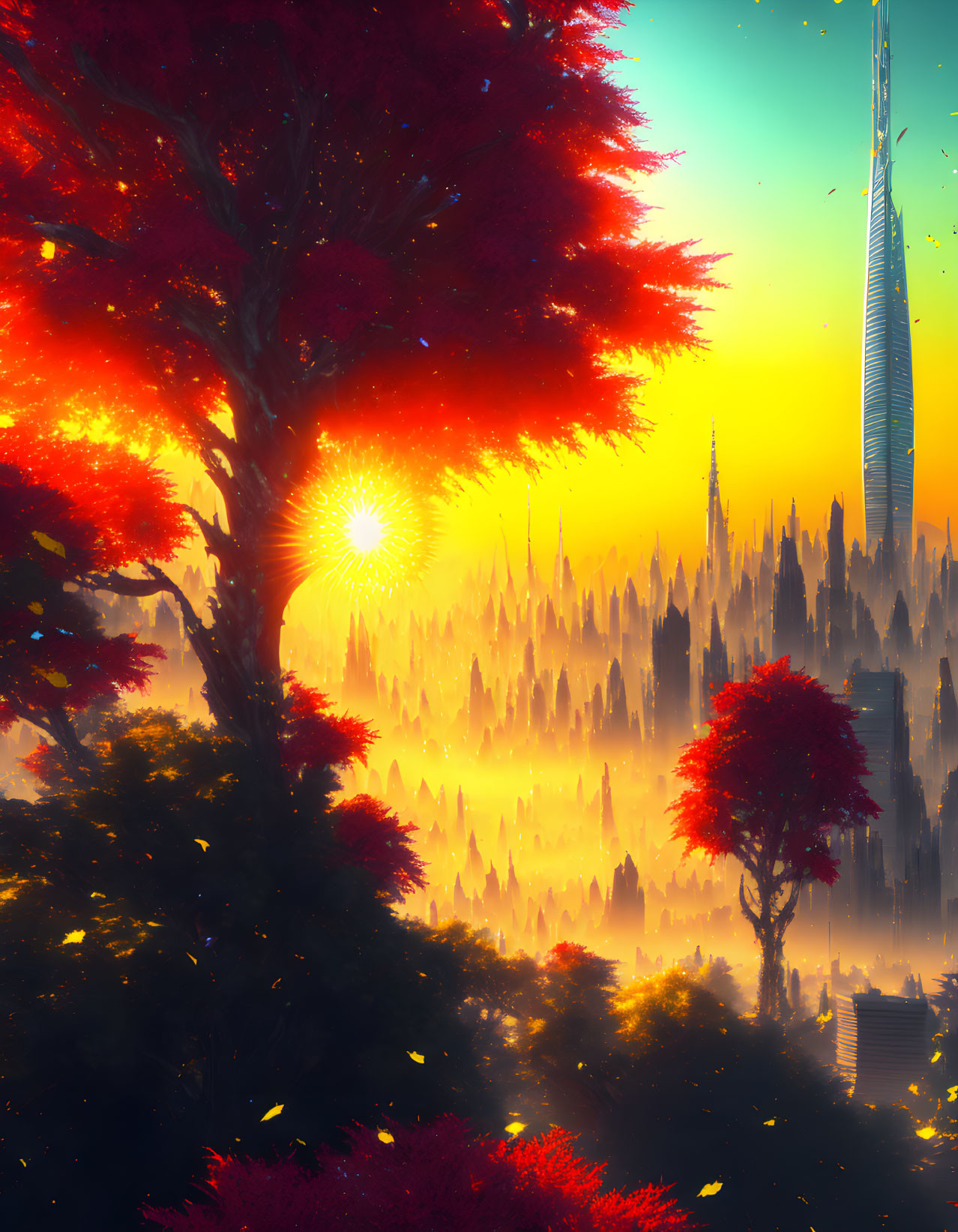 Vibrant red trees in surreal landscape with futuristic cityscape.