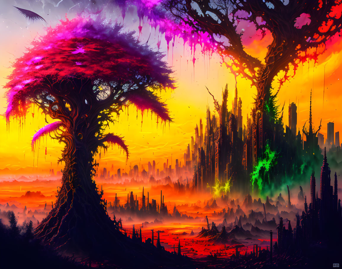 Colorful fantasy landscape with large purple tree and luminous branches in vivid sunset sky