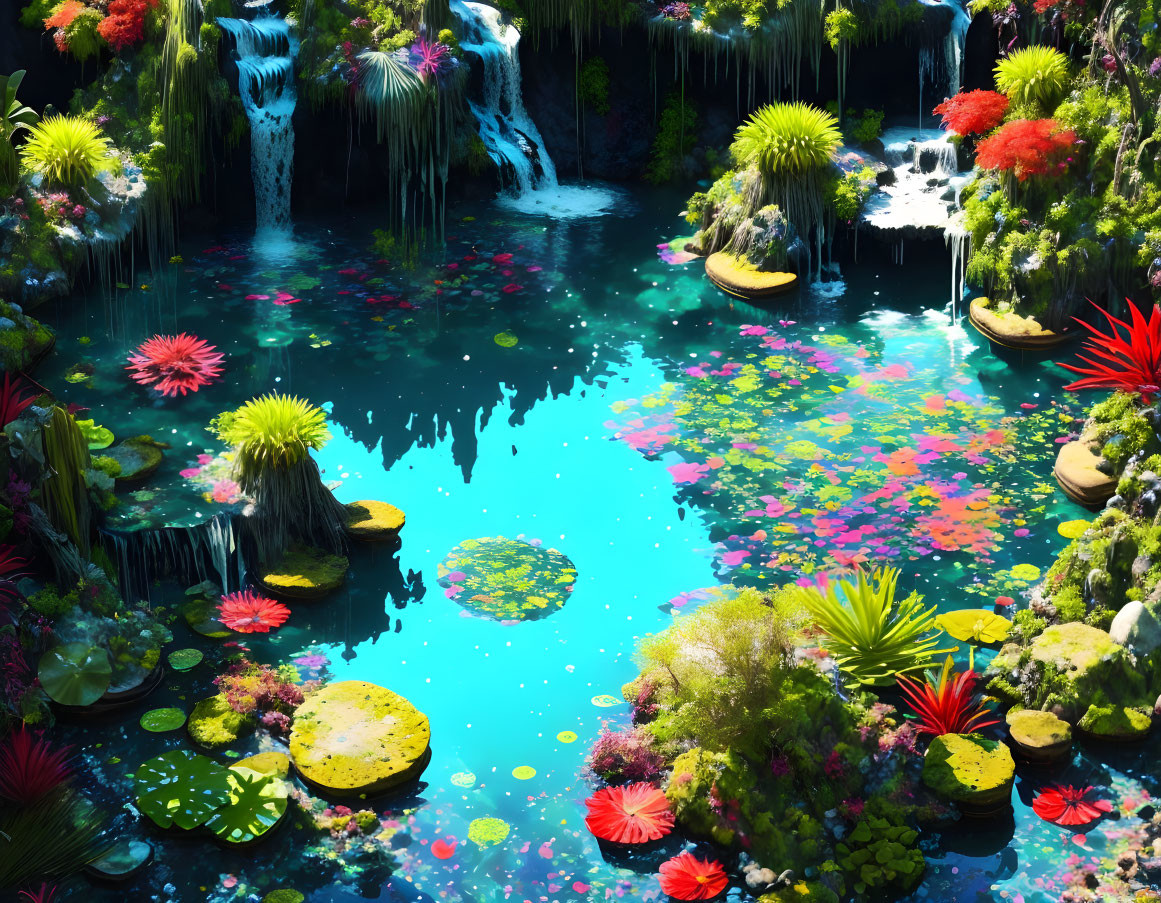 Colorful Fantasy Ecosystem with Flora, Waterfalls, and Crystal Waters