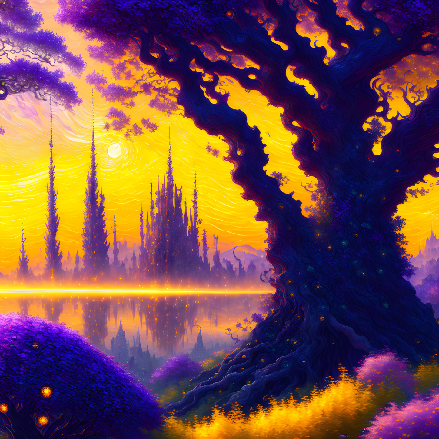 Colorful sunset fantasy landscape with twisted tree, purple foliage, and glowing orange river