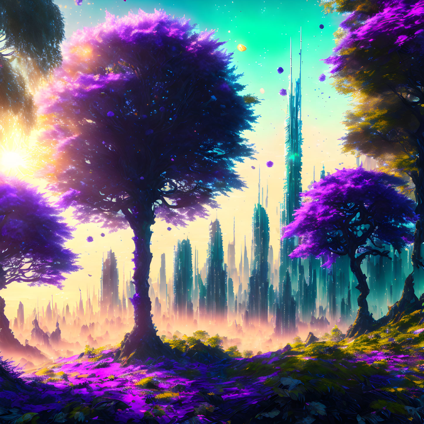 Fantasy landscape with purple trees, pink ground, crystal spires, starry sky