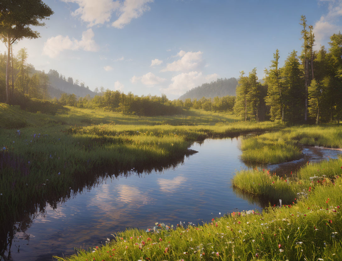 Tranquil sunrise scene with winding river and lush greenery