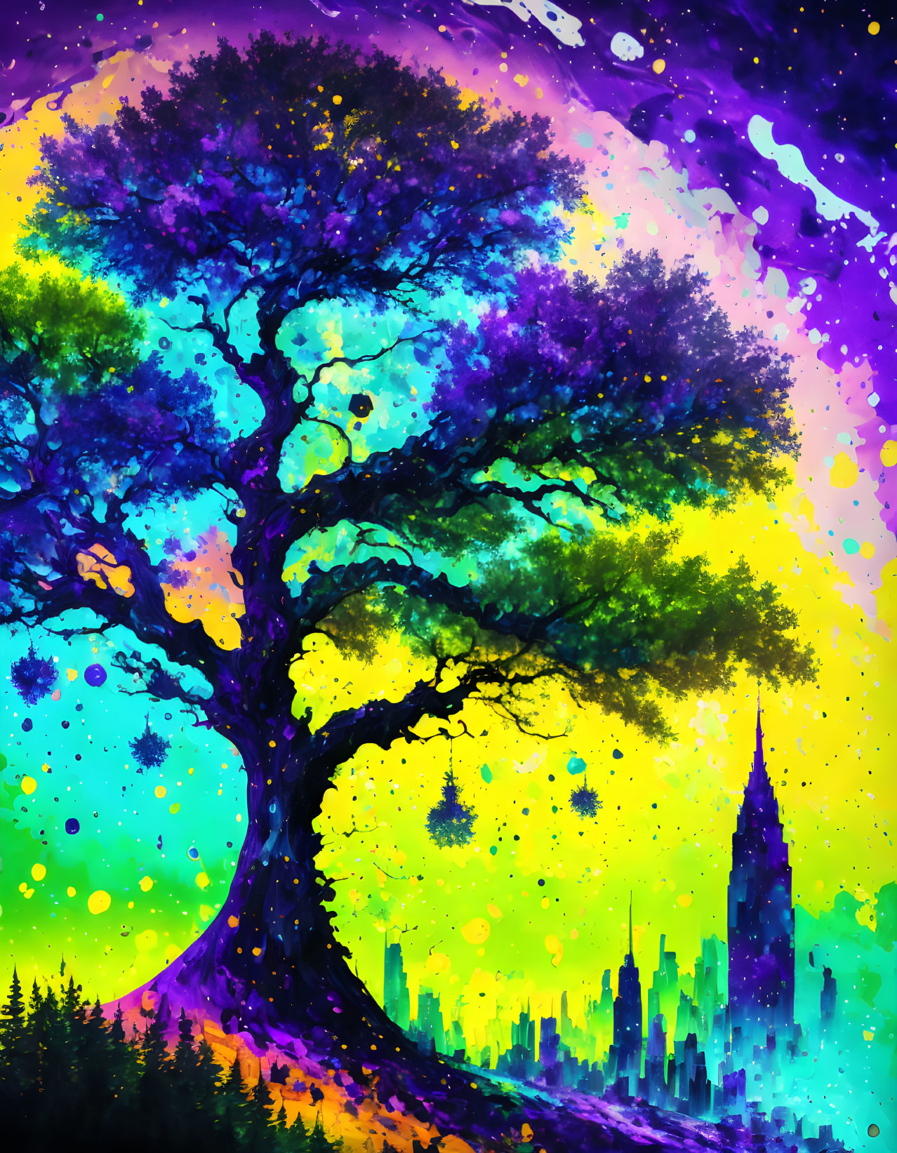 Majestic tree against cosmic backdrop with city skyline silhouette