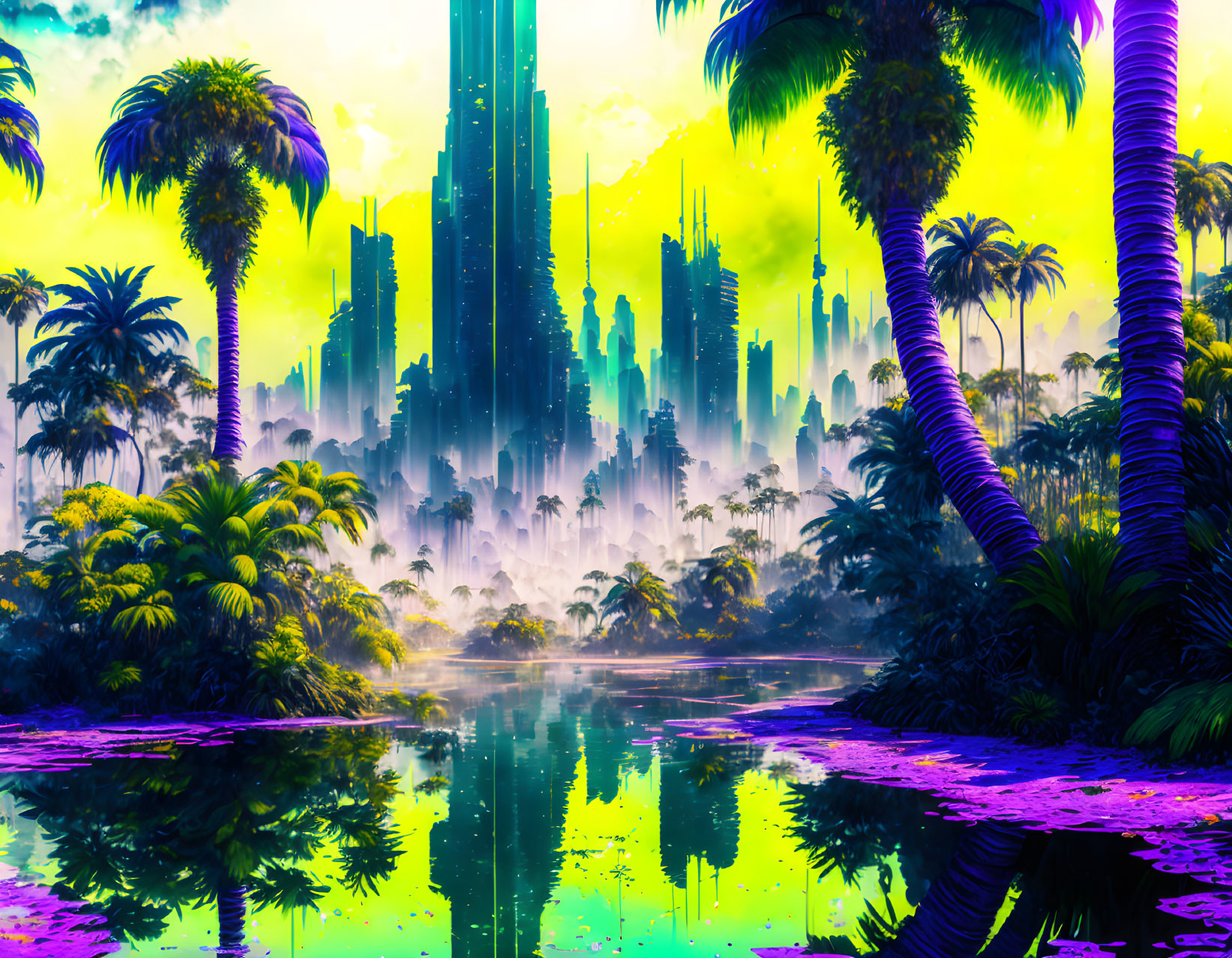 Neon-colored futuristic cityscape with skyscrapers in tropical forest