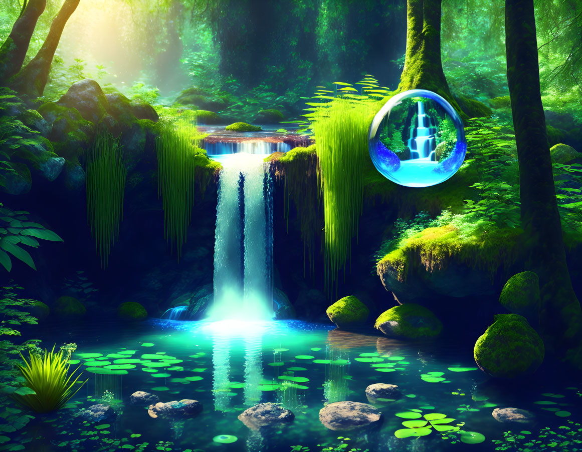 Enchanting fantasy forest with glowing waterfall and floating orb