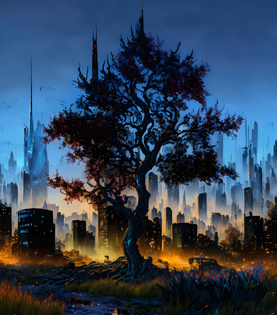 Solitary red-leaved tree in urban landscape at twilight