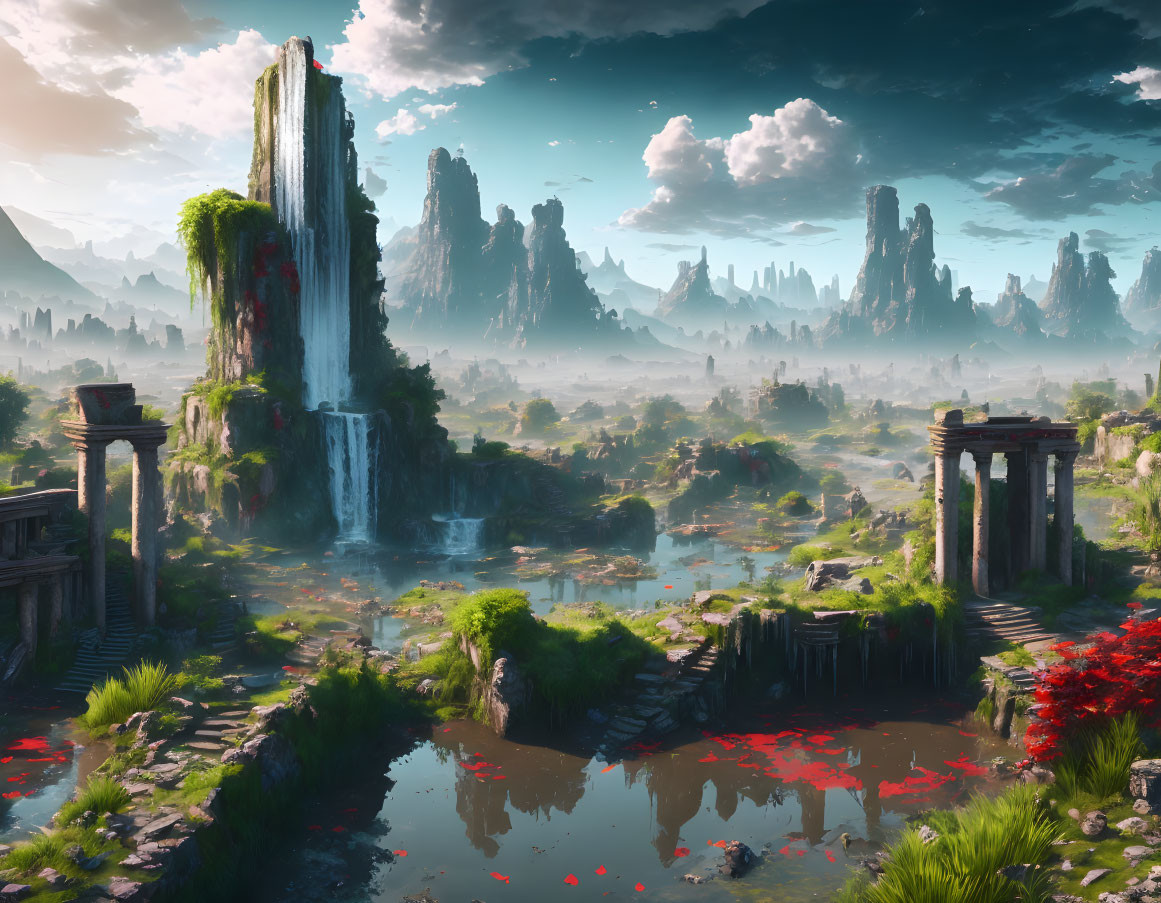 Colorful fantasy landscape with rock pillars, greenery, red flora, water bodies, and ancient ruins