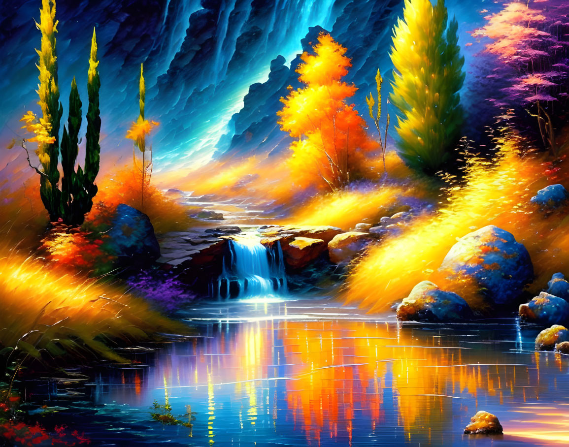 Colorful digital painting of waterfall in fantasy landscape