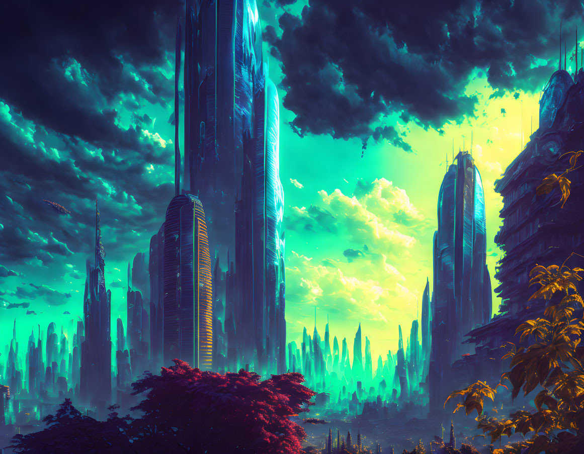 Futuristic cityscape with towering skyscrapers in blue and teal hues