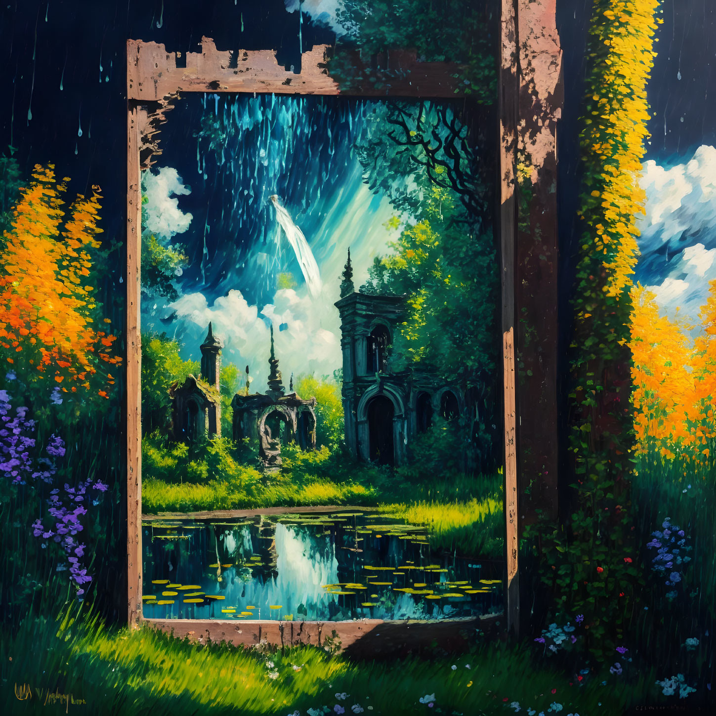 Tranquil pond, forest ruins, rain window view