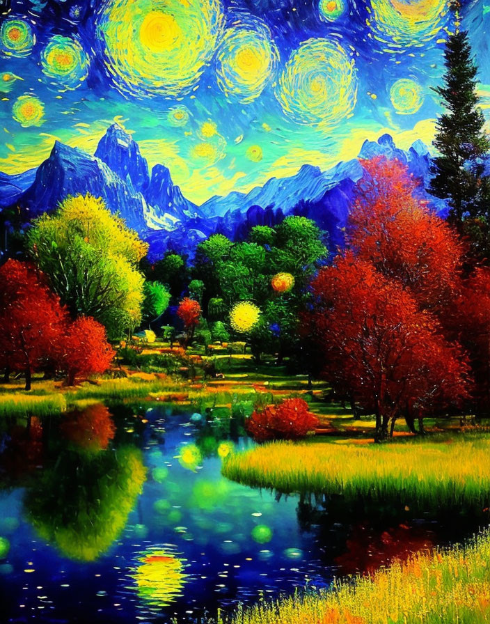 Colorful Autumn Landscape with Starry Night Sky and Mountain Reflections