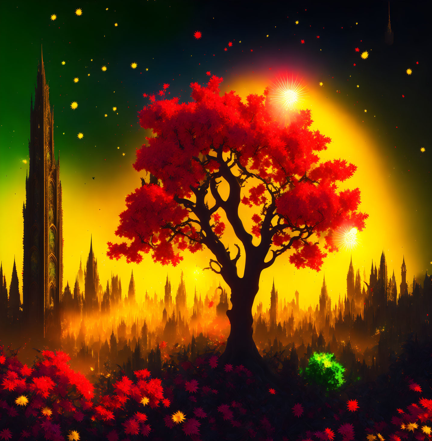 Vibrant fantasy landscape with crimson tree, glowing flowers, and starry sky