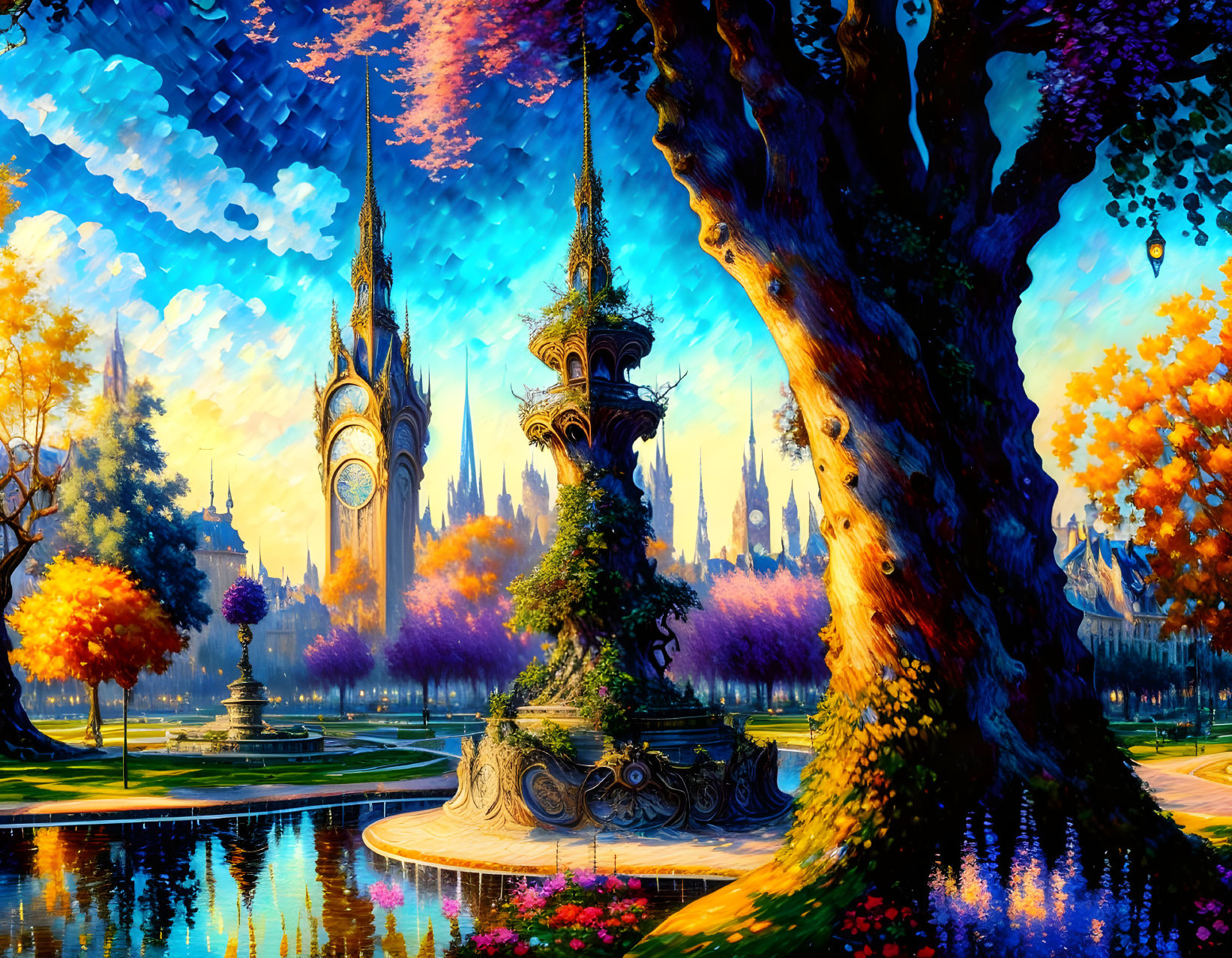 Fantasy landscape with autumn trees, reflective water, and fairy-tale spires