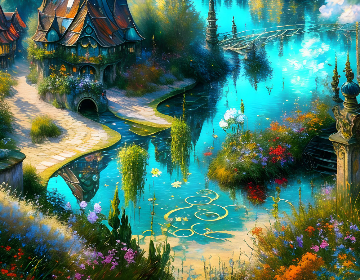 Colorful fantasy landscape with cobblestone path, lush greenery, flowers, river, ornate