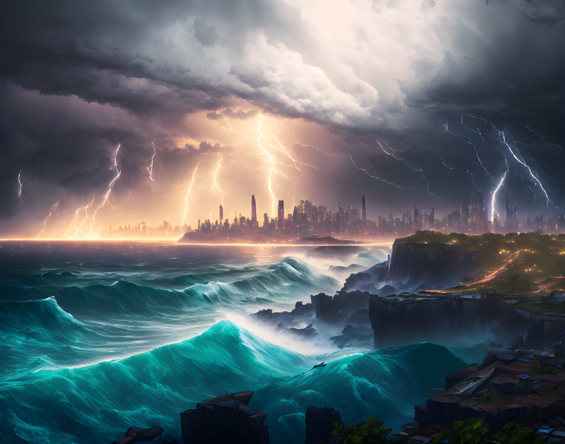 Stormy Coastal City Scene with Lightning Strikes and Turbulent Waves