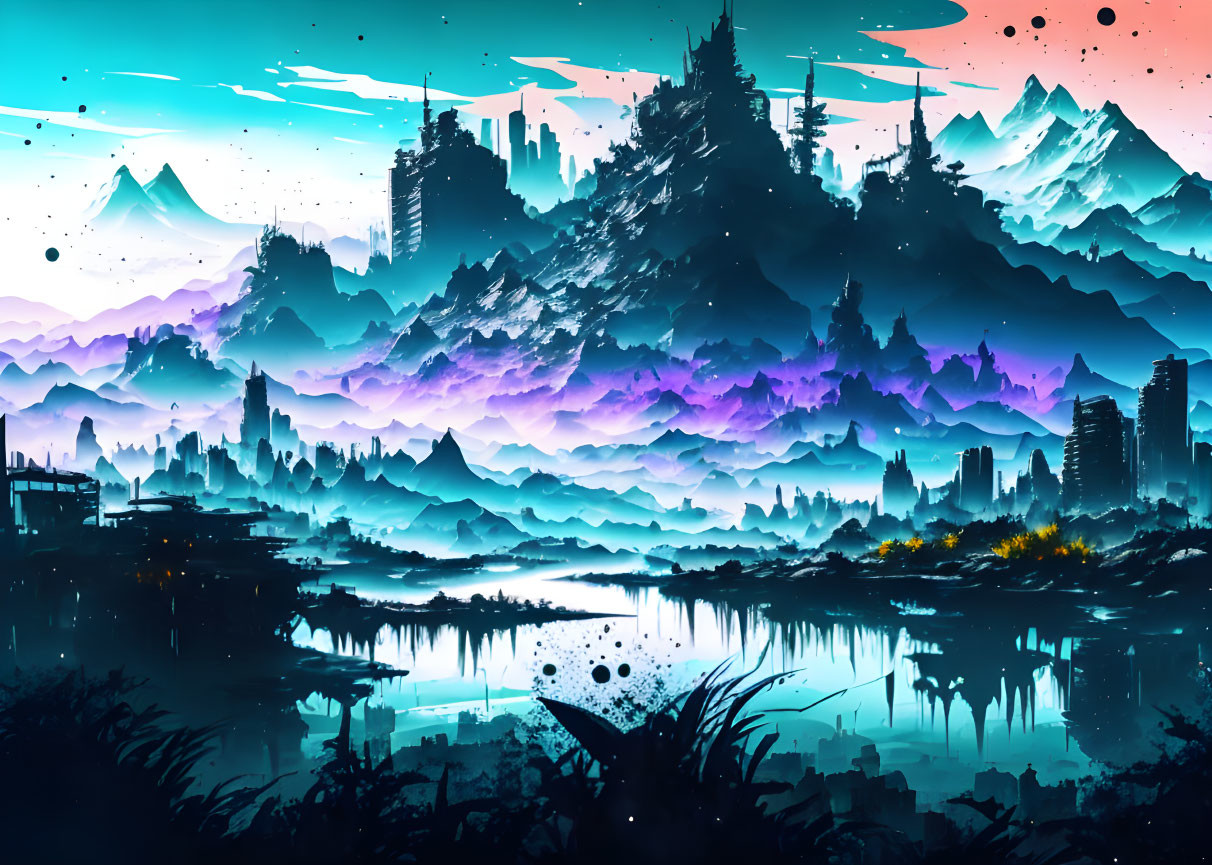 Futuristic landscape digital artwork with mountains, lake, and city structures