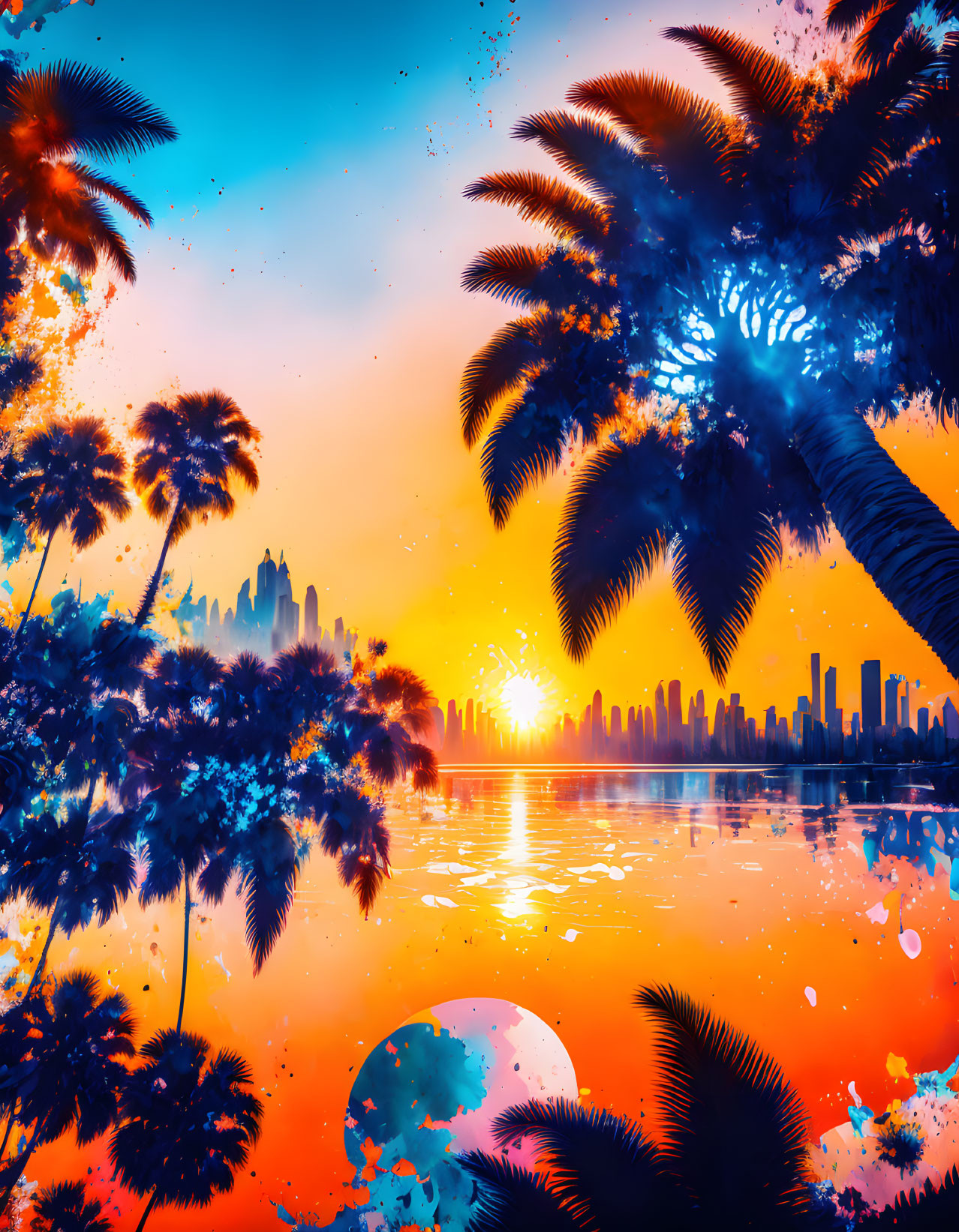 City skyline sunset with palm trees silhouette and water reflections in orange and blue.