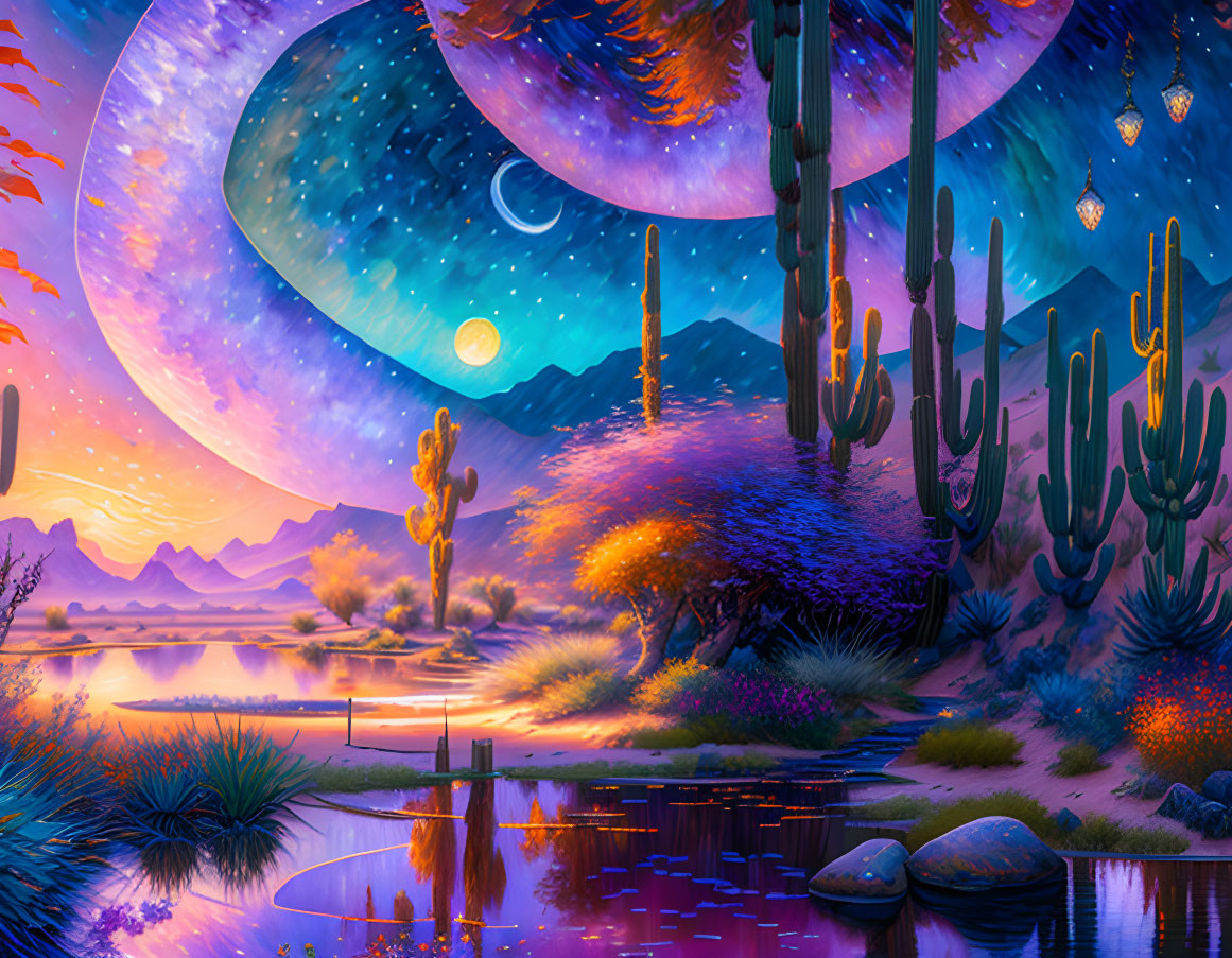 Colorful desert twilight scene with galaxy reflection, cacti, lake, lanterns, and cres