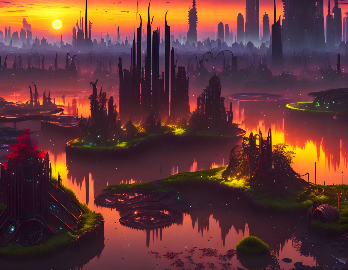 Futuristic landscape with towering structures and neon flora