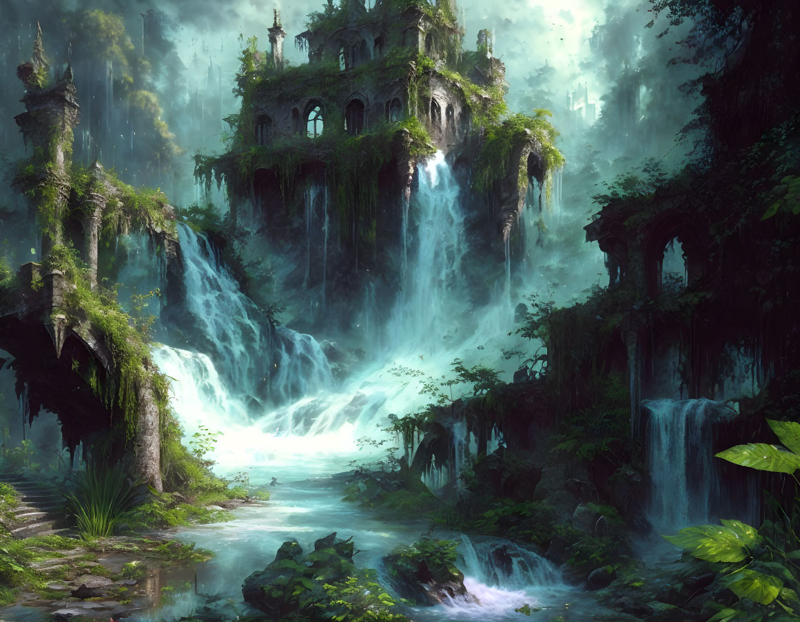 Mystical forest landscape with ancient ruins, waterfalls, and lush greenery