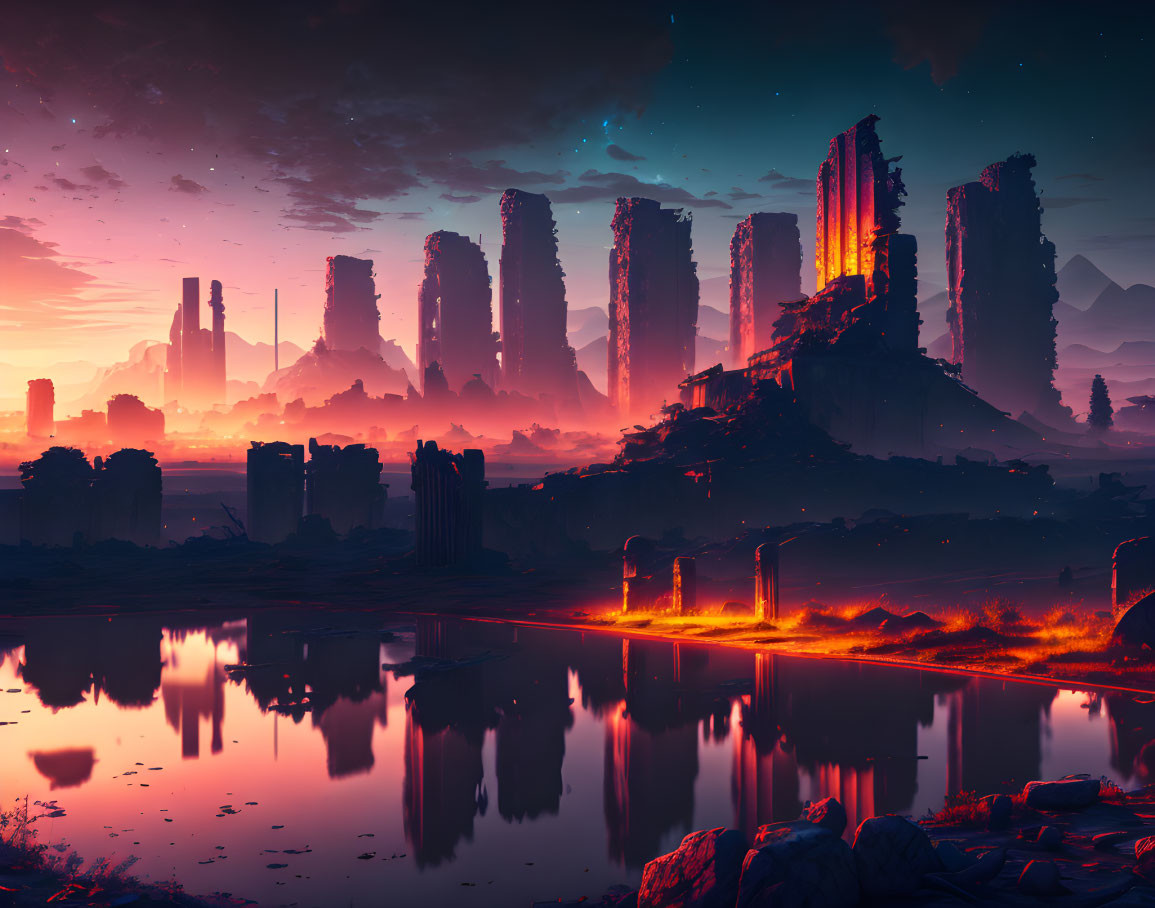 Futuristic twilight cityscape with skyscrapers and reflective waterbody