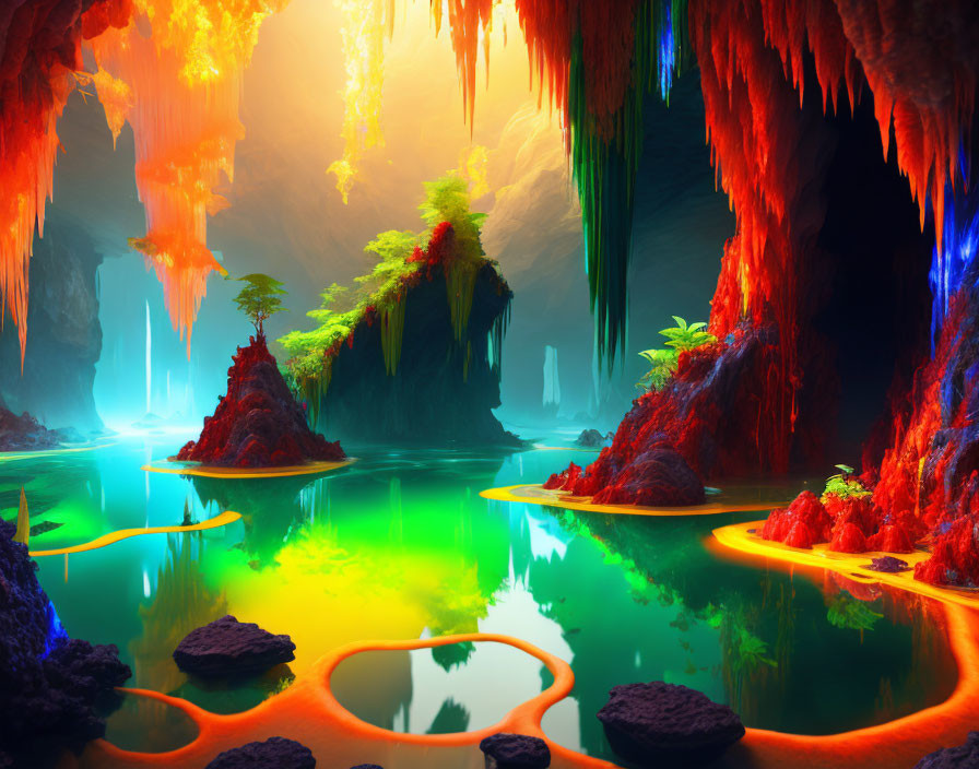 Colorful Fantasy Cave with Vegetation, River, and Glowing Lights