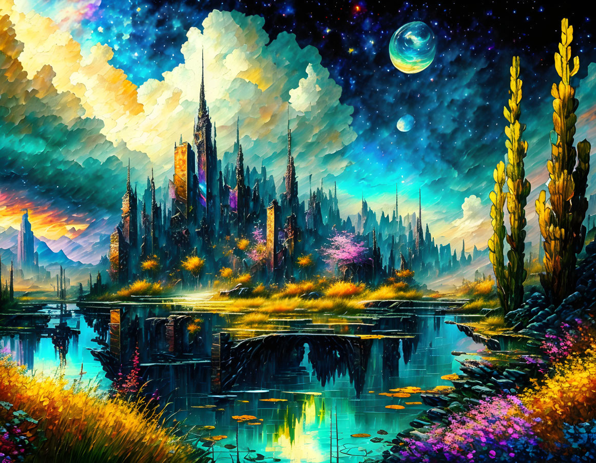 Futuristic cityscape in vibrant fantasy landscape