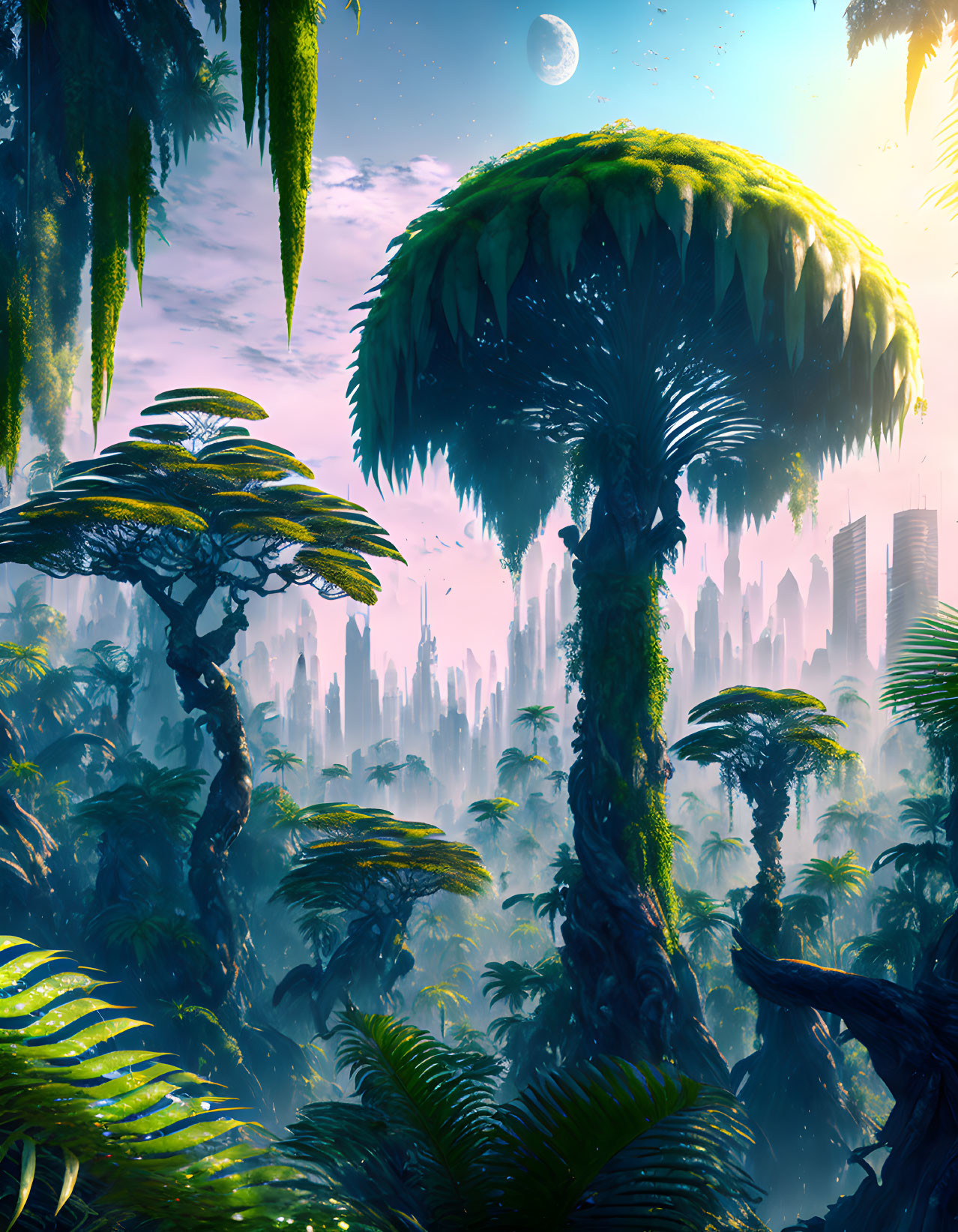 Lush jungle with towering tree-like structures under moonlit sky.