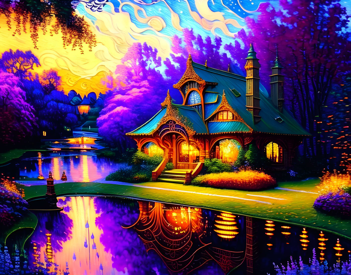 Colorful surreal landscape with whimsical cottage, pond, and sunset sky