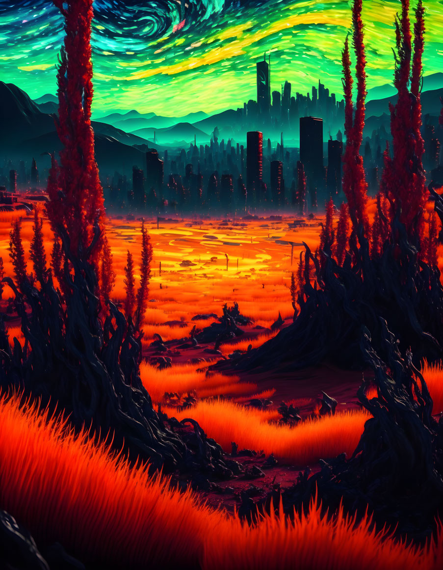 Orange Terrain and Red Flora in Futuristic Landscape