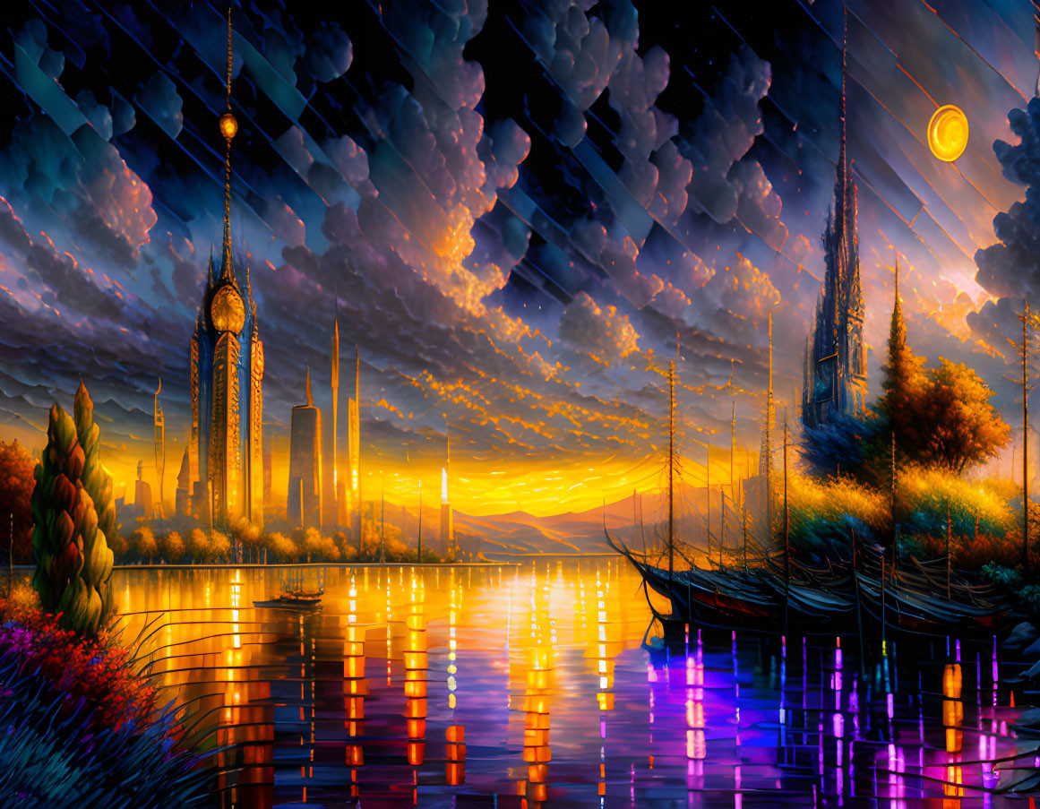 Futuristic cityscape digital art with sunset, skyscrapers, river, boats, and lush