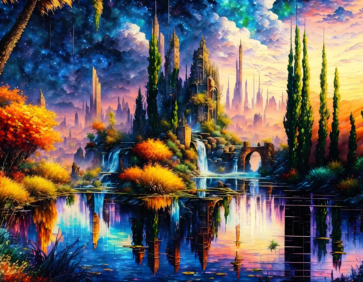 Colorful landscape painting with lake, flora, waterfalls, spires under starry sky