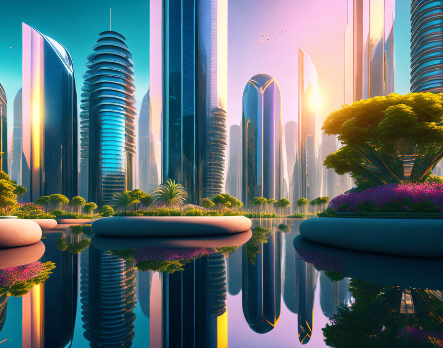 Modern cityscape with skyscrapers, lush greenery, water reflections, and sunset glow