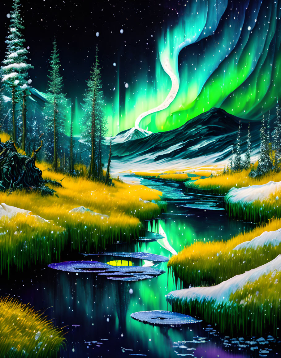 Northern Lights Illuminating Snowy Mountain Landscape with River and Evergreen Trees